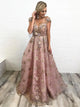 A Line Lace V Neck Appliques Short Sleeves Open Back Pink Prom Dresses