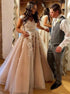 A Line V Neck Lace Applique Champagne Prom Dress LBQ2103