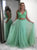 A Line V Neck Two Piece Mint Green Chiffon Beading Open Back Prom Dresses