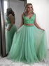 A Line V Neck Two Piece Mint Green Chiffon Beading Open Back Prom Dress LBQ2540