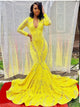 Yellow V Neck Long Sleeves Mermaid Prom Dresses 