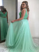 Sweep Train Green Open Back Evening Dresses