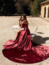 Burgundy Off The Shoulder A Line Satin Prom Dress LBQ0834