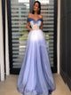 A Line Off Shoulder Tulle Blue Prom Dresses