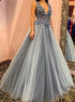 A Line Blue Floral Embellished V Neck Chiffon Open Back Prom Dresses LBQ2242