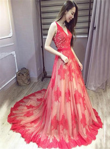 A Line V Neck Backless Red Appliques Tulle Prom Dresses