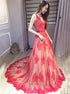 A Line V Neck Backless Red Appliques Tulle Prom Dress LBQ2933