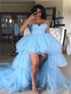 Blue Tulle High Low Sweetheart Prom Dresses with Pleats