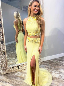 Mermaid High Neck Sleeveless Two Piece Open Back Prom Dresses