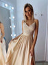 A Line Spaghetti Straps V Neck Appliques Satin Prom Dresses with Slit LBQ2735