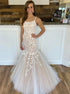 Champagne Lace Spaghetti Straps Mermaid Tulle Prom Dresses LBQ2149