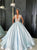 Ball Gown Blue V Neck Tulle Satin Short Sleeves Prom Dresses 