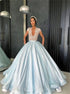 Ball Gown Blue V Neck Tulle Satin Short Sleeves Prom Dresses LBQ2339