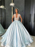 Ball Gown Blue V Neck Tulle Satin Short Sleeves Prom Dresses LBQ2339