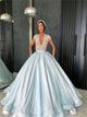 Ball Gown Blue V Neck Tulle Satin Short Sleeves Prom Dresses 