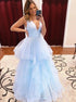 A Line V Neck Sleeveless Blue Organza Prom Dresses LBQ1416