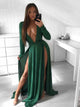A Line V Neck Long Sleeves Split Chiffon Green Prom Dresses 