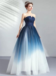 Navy Blue Tulle Strapless Long Prom Dresses with Pleats