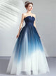 Navy Blue Tulle Strapless Long Prom Dresses with Pleats