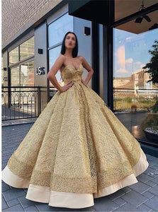 Ball Gown Golden Floor Length Prom Dresses with Pleats