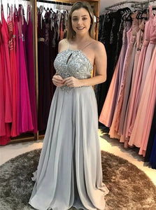 A Line Gray Sleeveless Slit Beaded Spaghetti Straps Chiffon Prom Dresses 