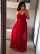 A Line Spaghetti Straps V Neck Split Open Back Prom Dress