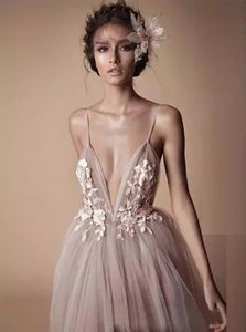 A line Spaghetti Straps Backless Tulle Prom Dresses