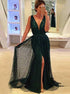 Sheath Deep V Neck Sweep Train Dark Green Tulle Prom Dress with Split Sequins LBQ2085