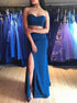 A Line Sweetheart Two Pieces Blue Satin Prom Dresses with Slit LBQ2191