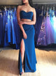 A Line Sweetheart Two Pieces Blue Satin Prom Dresses