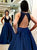 Navy Blue Open Back Sweep Train Prom Dresses
