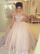 Off the Shoulder Tulle Pink Appliques Pleats Prom Dresses 