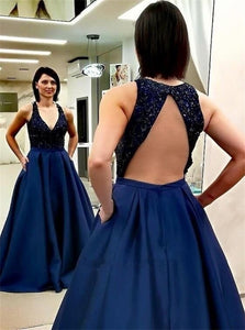A Line V Neck Beadings Open Back Satin Prom Dress with Pockets 