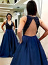 A Line V Neck Beadings Open Back Satin Prom Dress with Pockets LBQ1989