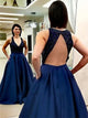 A Line V Neck Beadings Open Back Satin Prom Dress with Pockets 