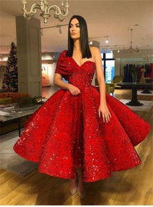 Puffy Sleeves Red Prom Dresses with Pleats