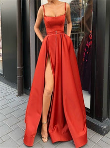 Spaghetti Straps Red Prom Dresses with Slit