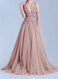 A Line Dusty Pink Tulle V Neck Lace Prom Dresses