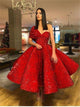 Red Sequin Ball Gown Prom Dresses with One Shoulder Tea Length Puffy 