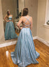A Line Spaghetti Straps Criss Cross Blue Prom Dresses LBQ2300