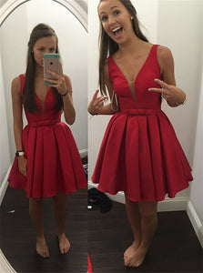 A Line V Neck Satin Pleats Homecoming Dresses 