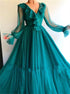 A Line Long Sleeves V Neck Beading Green Tulle Prom Dress LBQ2461