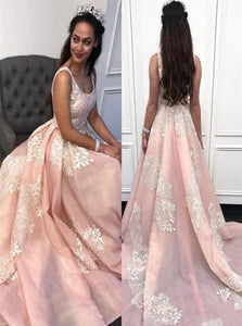 A Line Pink Straps Long Organza Prom Dress with Lace and Appliques LBQ0560