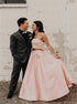 A Line Two Pieces Satin Pink Pockets Prom Dress LBQ2398