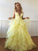 A Line Yellow V Neck Tulle Ruffles Prom Dresses