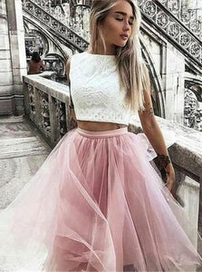 Lace Sleeveless A Line Two Pieces Prom Dresses 