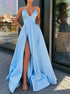 A Line V Neck Satin Prom Dress with Leg Slit  LBQ0701