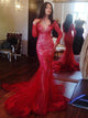  Mermaid Lace Red Long Sleeves Open Back Prom Dresses