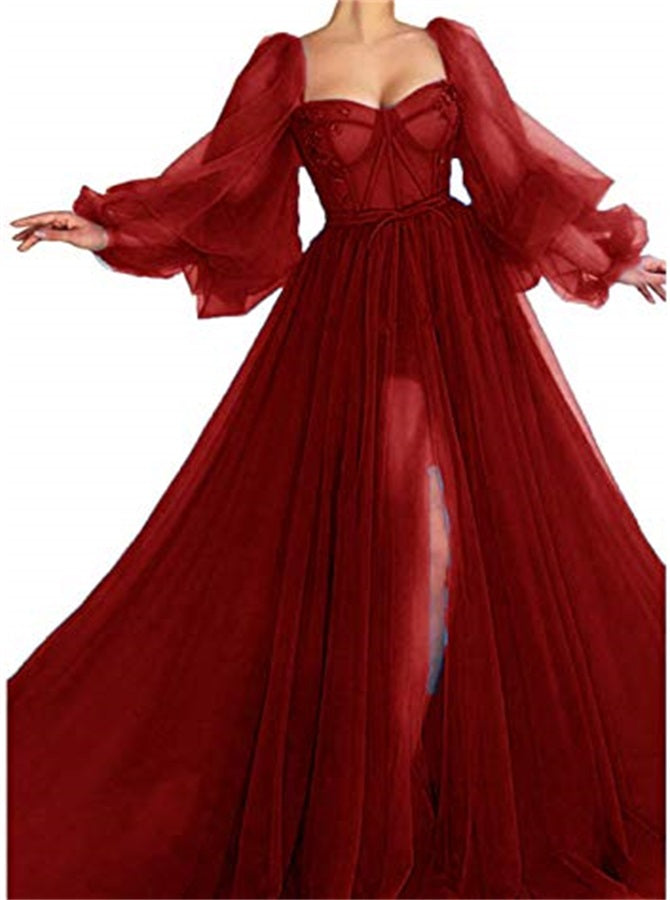 A Line Long Puffy Sleeves Tulle Prom Dresses with Split | Alinepromdress A Line Long Puffy Sleeves Tulle Prom Dresses with Split | Alinepromdress