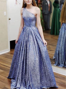 One Shoulder Sparkly Blue Sequin A Line Satin Prom Dresses 